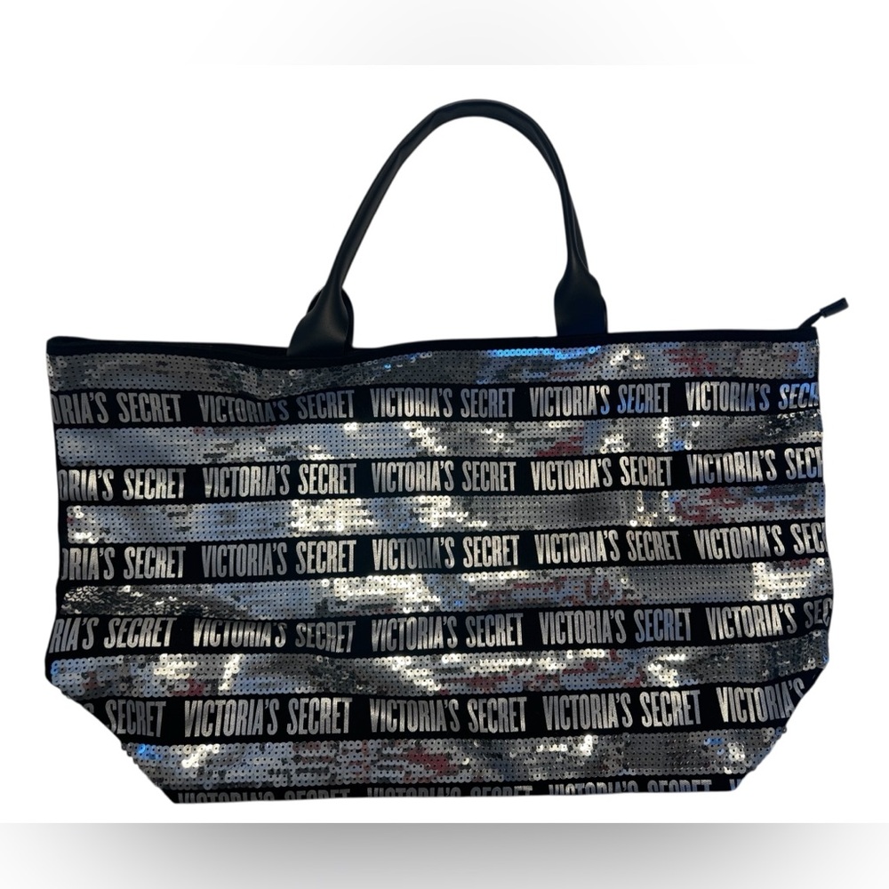 Victoria’s Secret Black Silver Sequin Logo Tote Zip Top